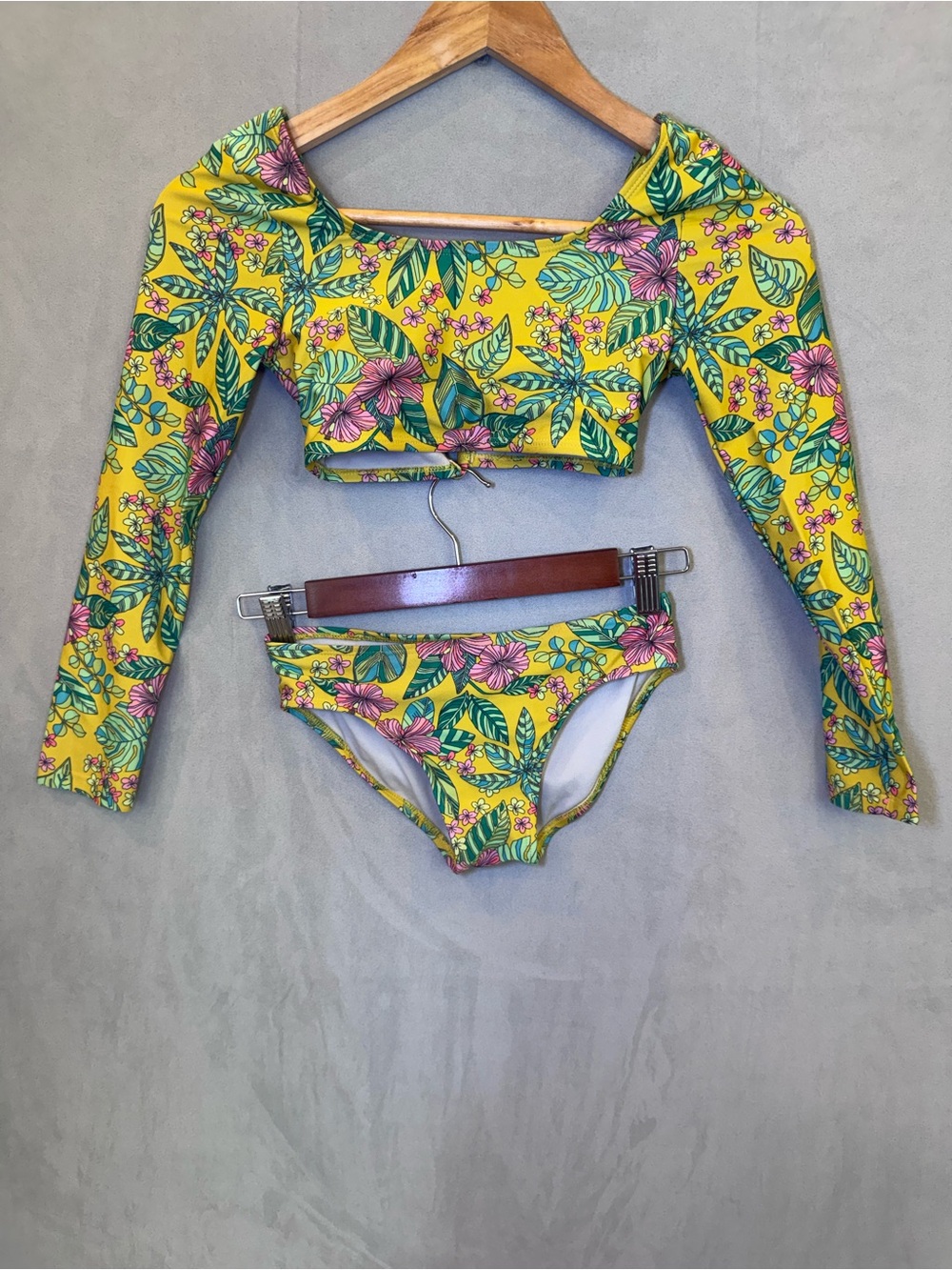 Art Class Girls 8 Tropical Floral 2 Piece Swimsuit Long Sleeve Bikini Yellow